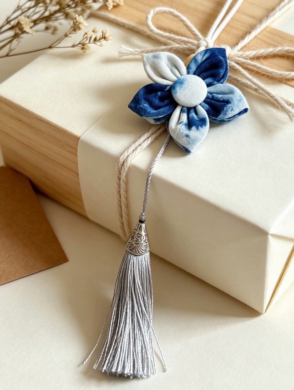 Tie dye Blue Fabric Flower Tassel Charm Necklace - Unbranded